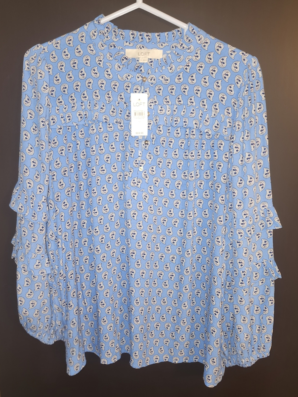 LOFT Blue Paisley Tiered-Ruffle Blouse